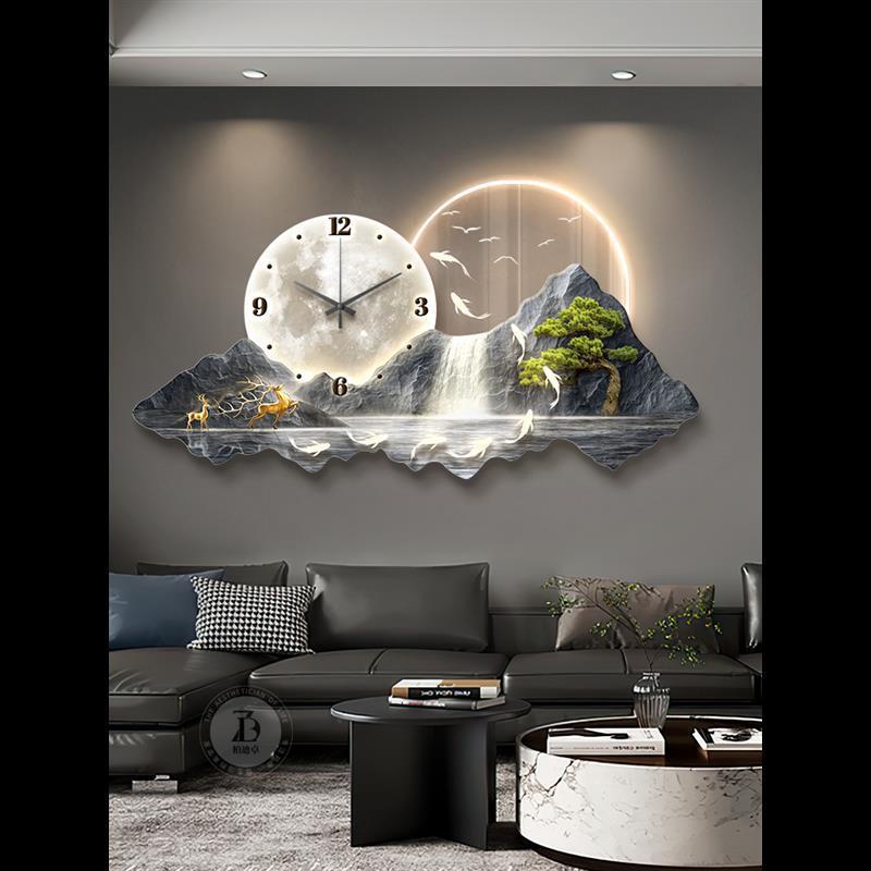 Golden Mountain in the Sunlight: A Wall-Mounted Decorative Painting with a Clock for the Dining Room, Tabletop Clock, and Living Room Artwork.