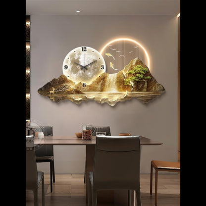 Golden Mountain in the Sunlight: A Wall-Mounted Decorative Painting with a Clock for the Dining Room, Tabletop Clock, and Living Room Artwork.