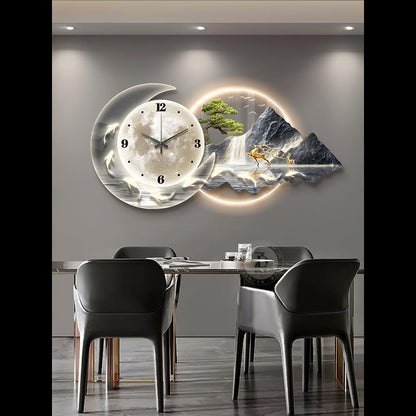 Golden Mountain in the Sunlight: A Wall-Mounted Decorative Painting with a Clock for the Dining Room, Tabletop Clock, and Living Room Artwork.